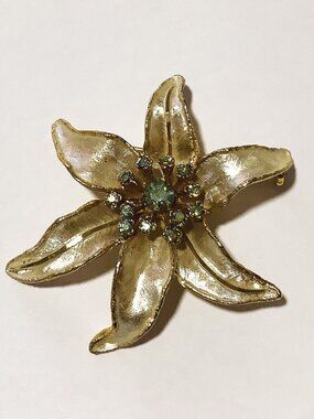 Vintage Brooch BSK Gold Tone Flower Aurora Borealis Rhinestone Starburst Pin